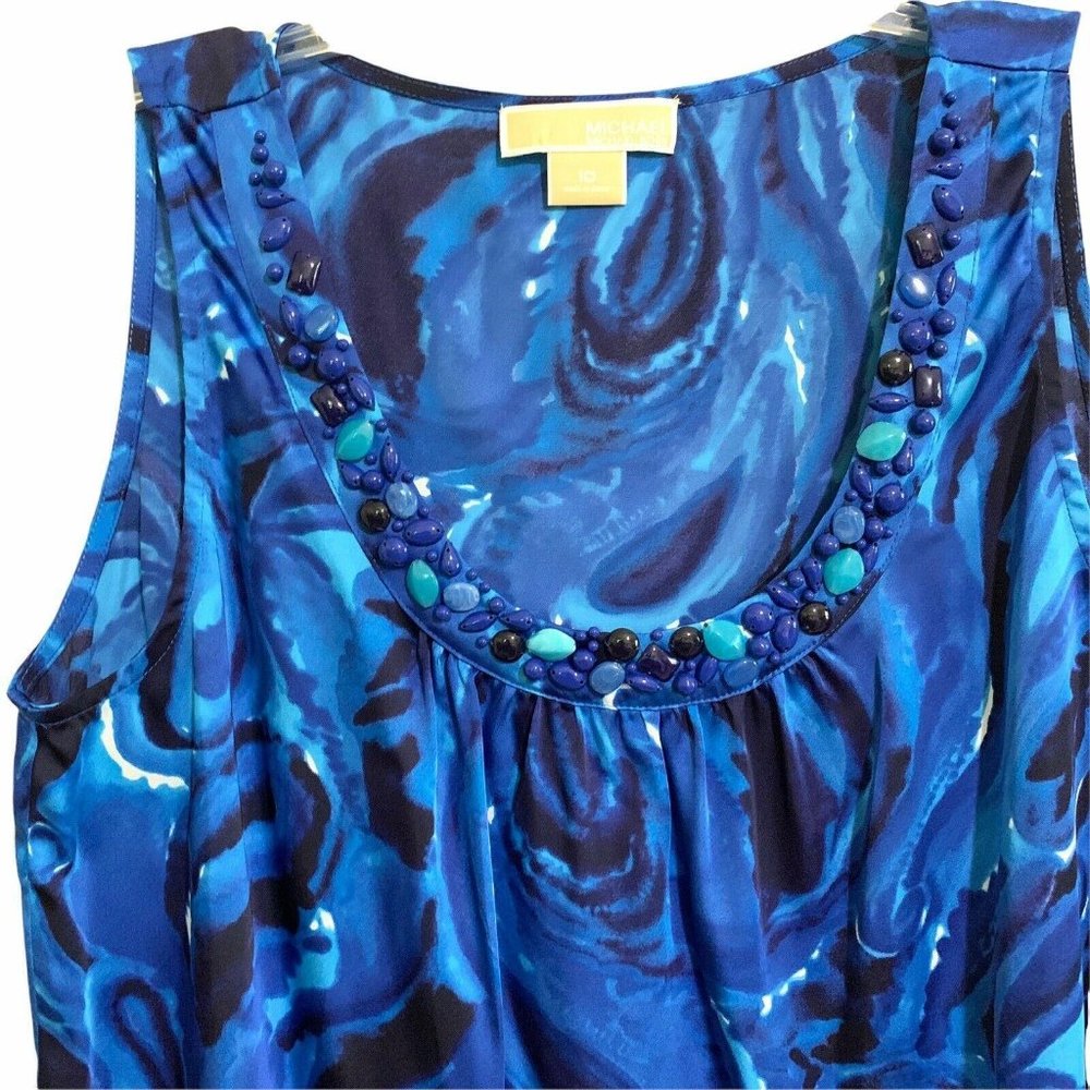 Michael Michael Kors Blue Paisley Print Beaded Sleeveless Scoop Neck Top - Picture 2 of 8